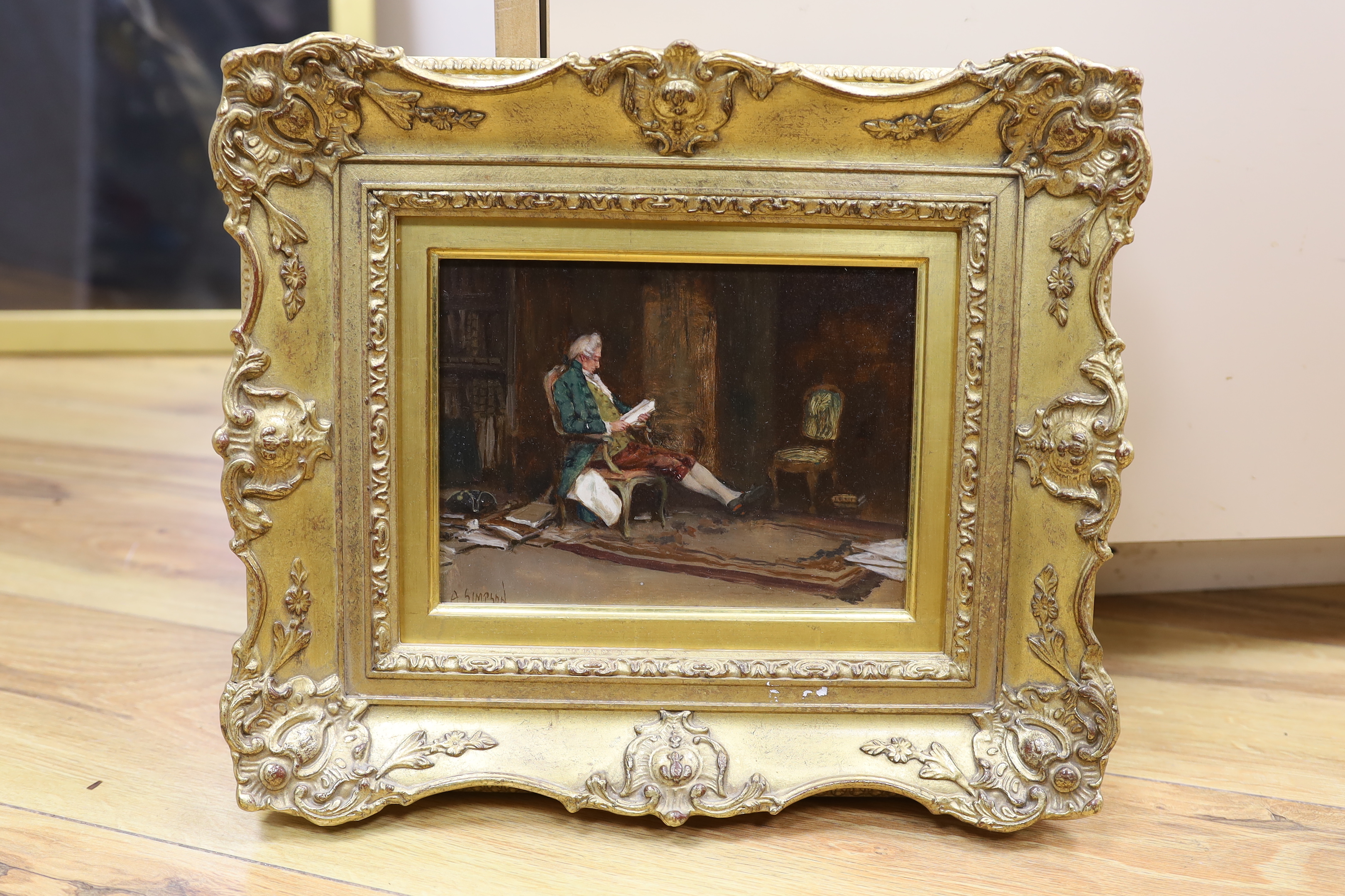 A. Simpson (c.1900), oil on panel, 18th century gentleman reading, signed, 14 x 19cm, ornate gilt frame